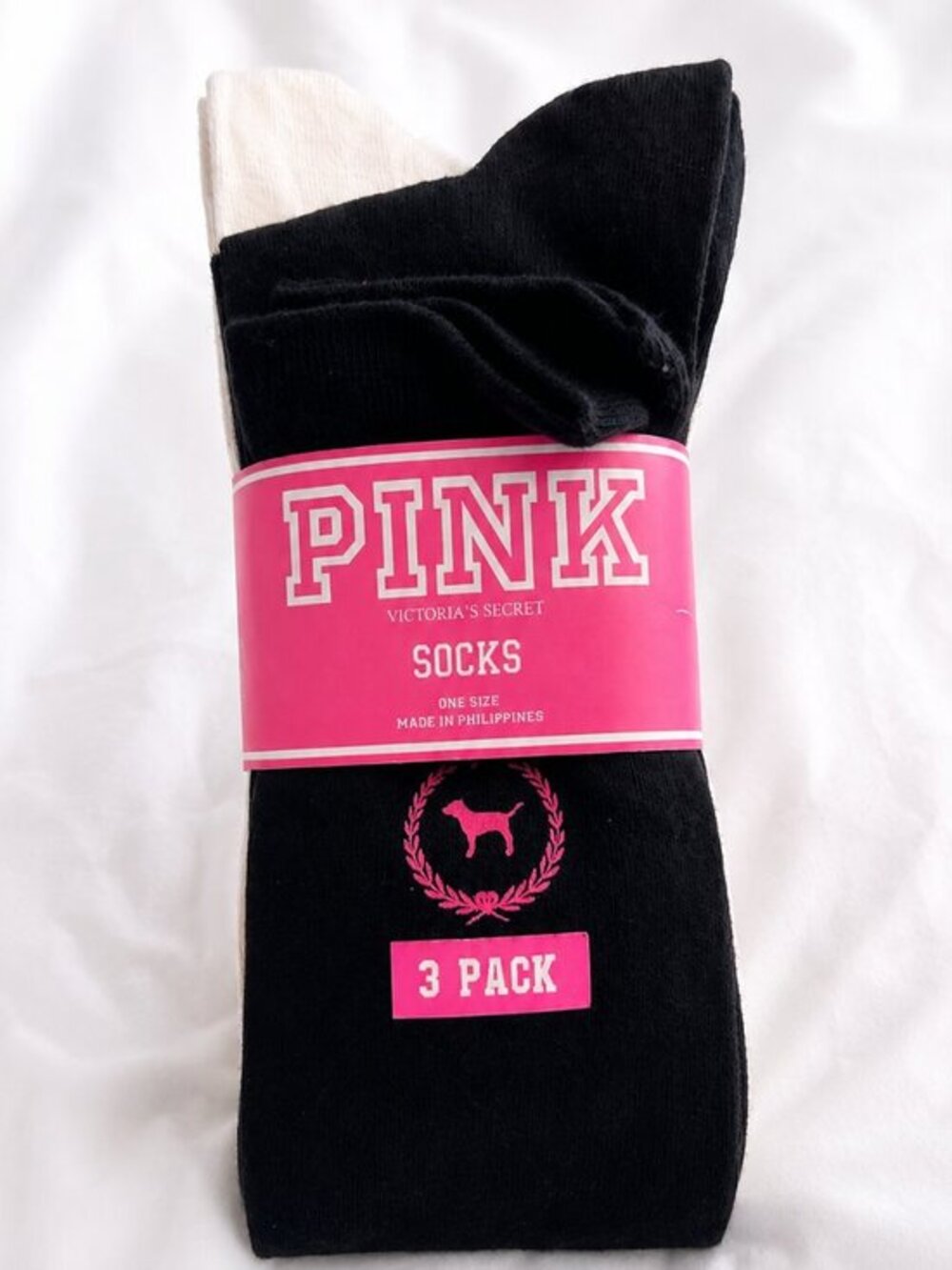 PINK Victoria's Secret 3-Pack Crew Socks Black White Blue Dog Logo OS NWT